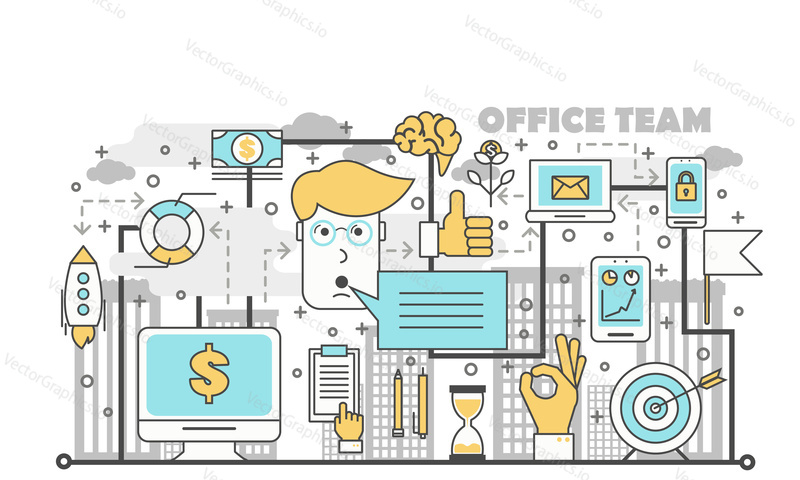 Office team concept vector illustration. Modern thin line flat design element with business teamwork symbols for website banners and printed materials.