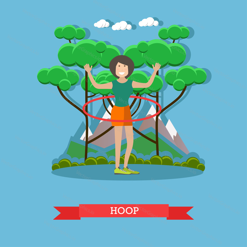 Vector illustration of beautiful slim woman doing hula hoop exercises in the park. Outdoors workout flat style design element.