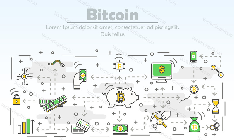 Bitcoin advertising vector illustration. Thin line flat style design element for web banners and printed materials. Bitcoin business ad template.