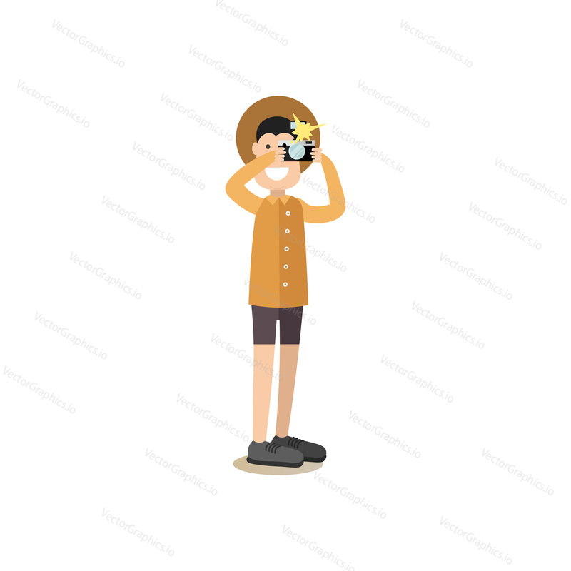 Vector illustration of tourist male taking photo. Tourist people concept flat style design element, icon isolated on white background.