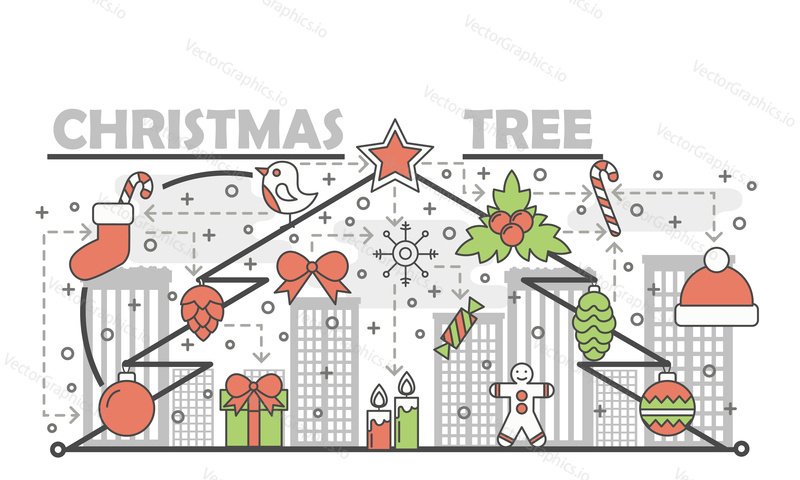 Holiday Christmas tree concept line banner. Vector illustration linear style design. Graphic icons with toys and gifts elements