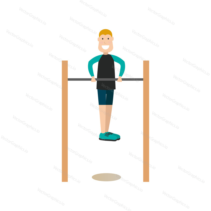 Vector illustration of man doing push-ups on horizontal bar. Training outside people concept flat style design element, icon isolated on white background.