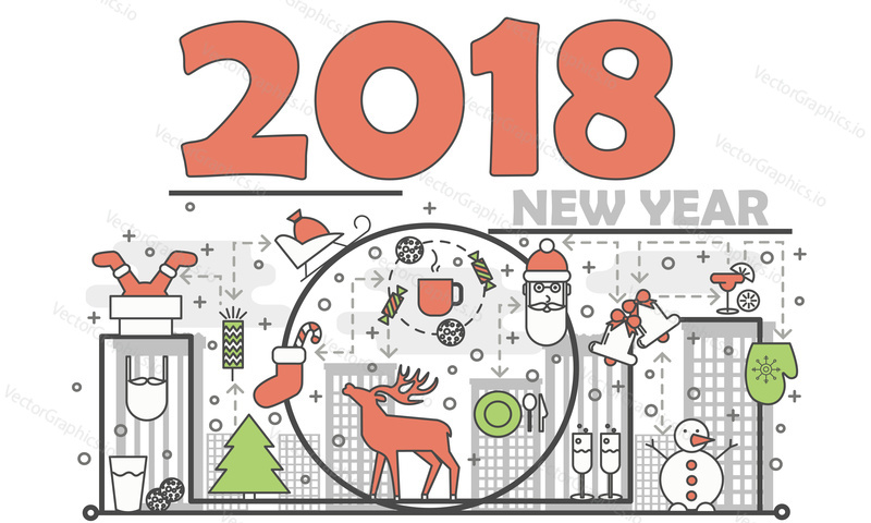 Vector New Year greeting card design with holiday decorative symbols santa claus, reindeer, christmas tree, bells, glasses of champagne, snowman, sledge. Thin line flat style design illustration.