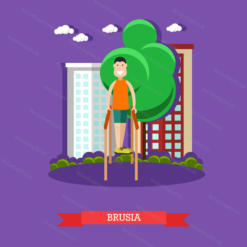 Vector illustration of young man performing parallel bars exercises in the park. Outdoors workout flat style design element.