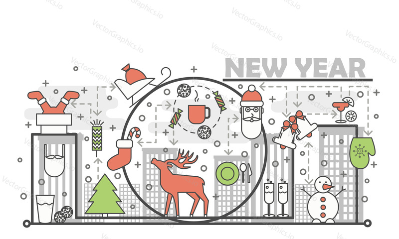 Holiday Christmas and New Year concept line banner. Vector illustration linear style design. Graphic icons with toys and gifts elements