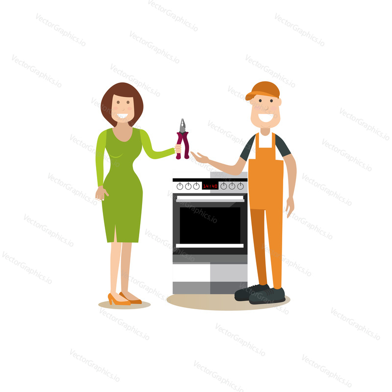 Vector illustration of woman and gasman standing next to stove in kitchen. Professional worker flat style design element, icon isolated on white background.