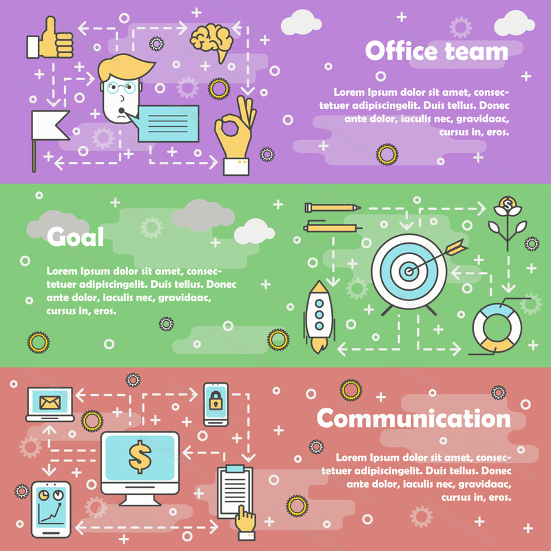 Vector set of horizontal banners with Office team, Goal and Communication modern line art flat style design elements, web templates.