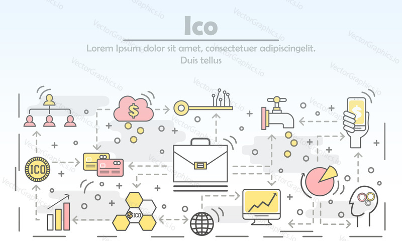 ICO initial coin offering concept vector illustration. Modern thin line art flat style design element for web banners and printed materials.