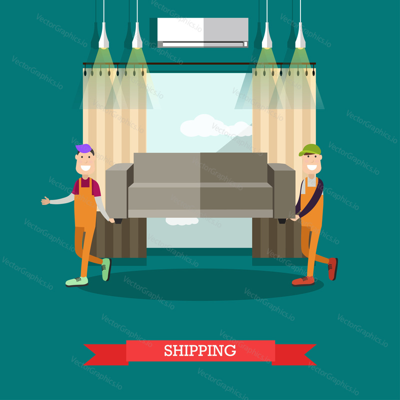 Vector illustration of loaders carrying sofa. Moving company services. Shipping concept flat style design element.
