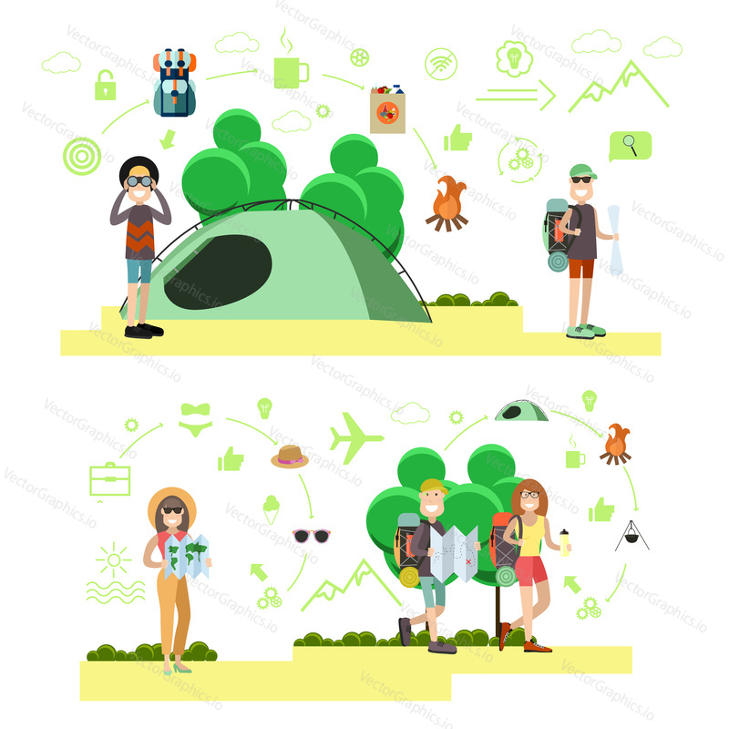 Vector illustration of travelers going hiking, camping. Tourist people symbols, icons isolated on white background. Flat style design.