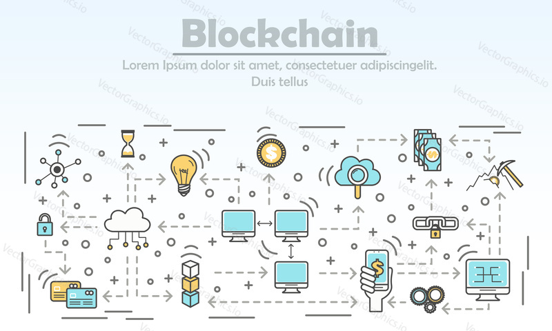 Blockchain technology advertising vector illustration. Blockchain for business ad concept. Thin line flat style design element for web banners and printed materials.