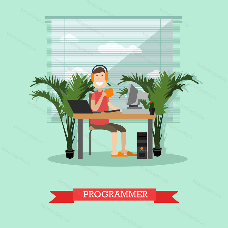 Vector illustration of young man system administrator working on computer. Programmer, creative team member concept flat style design element.