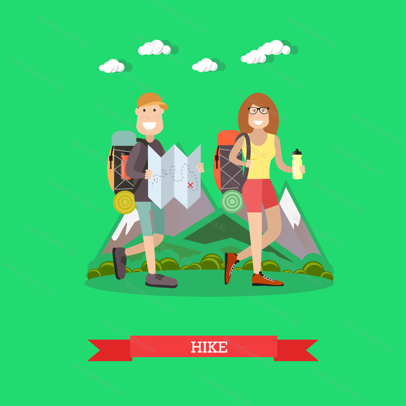 Vector illustration of hiking tourist couple walking with backpacks. Outdoor sports flat style design element.