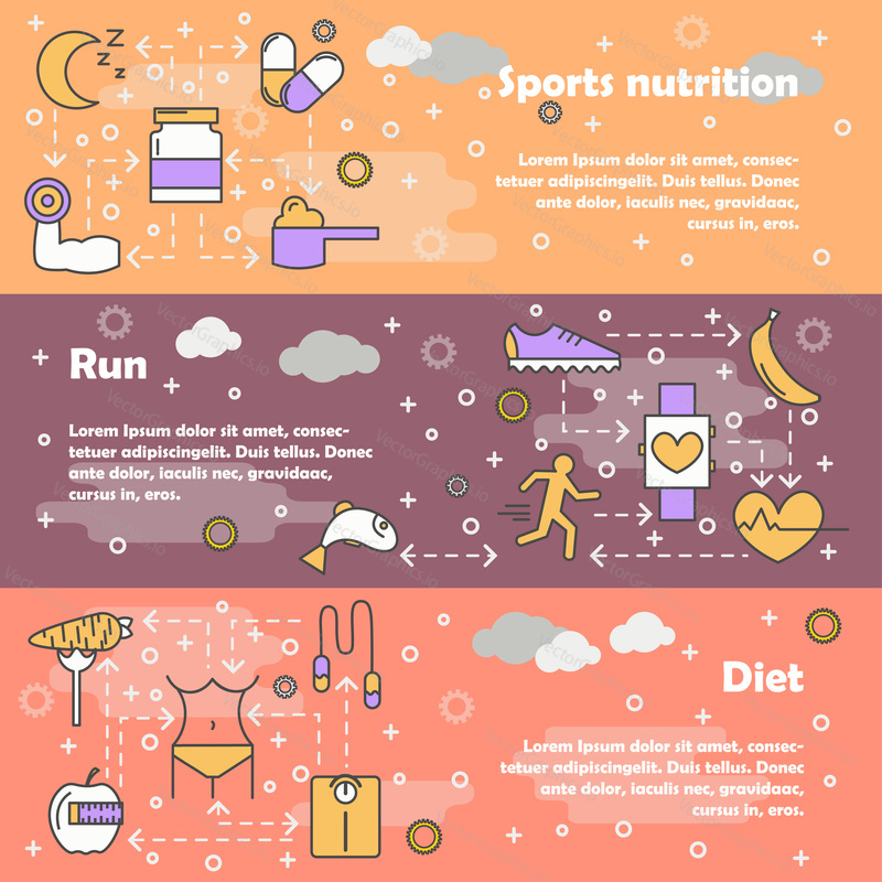 Vector set of horizontal banners with Sports nutrition, Run and Diet modern line art flat style design elements, web templates.