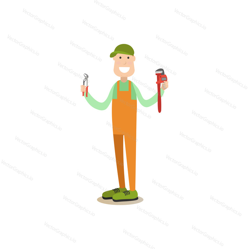 Vector illustration of pipe fitter standing with arms raised and holding plumbers pliers and pipe wrench. Professional worker flat style design element, icon isolated on white background.