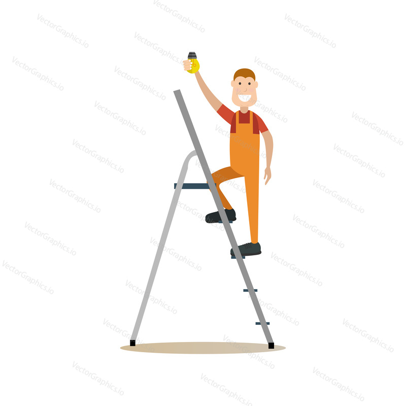 Vector illustration of smiling electrician standing on ladder and fitting light bulb into a socket. Professional worker flat style design element, icon isolated on white background.