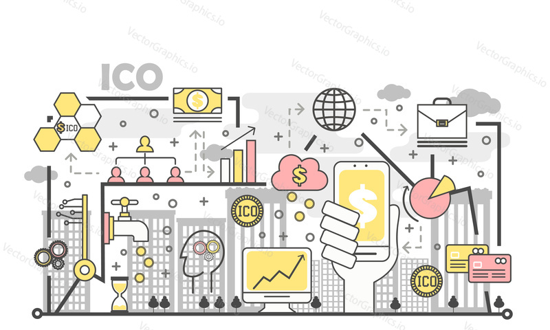 ICO or initial coin offering concept vector illustration. Thin line flat style design element for web banners and printed materials.