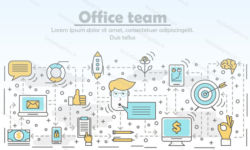Office team concept vector illustration. Modern thin line flat style design element with business symbols for website banners and printed materials.