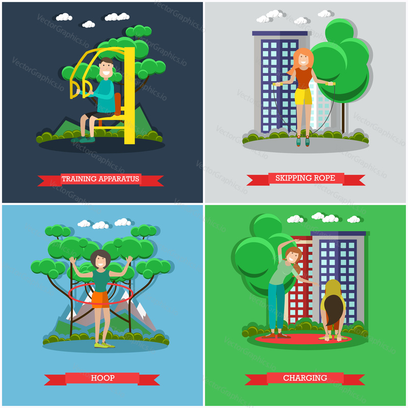Vector set of training outside posters, banners. Training apparatus, Skipping rope, Hoop and Charging flat style design elements.