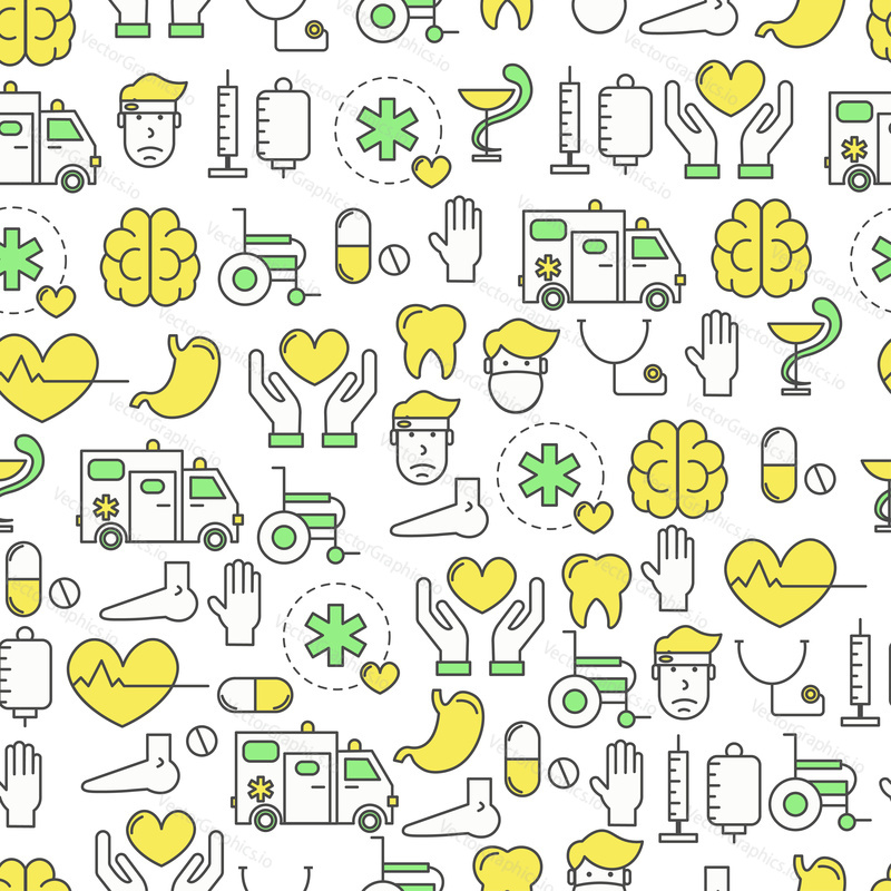 Vector seamless pattern with medical symbols, icons. Health care medicine background, wrapping paper texture thin line art flat style design.