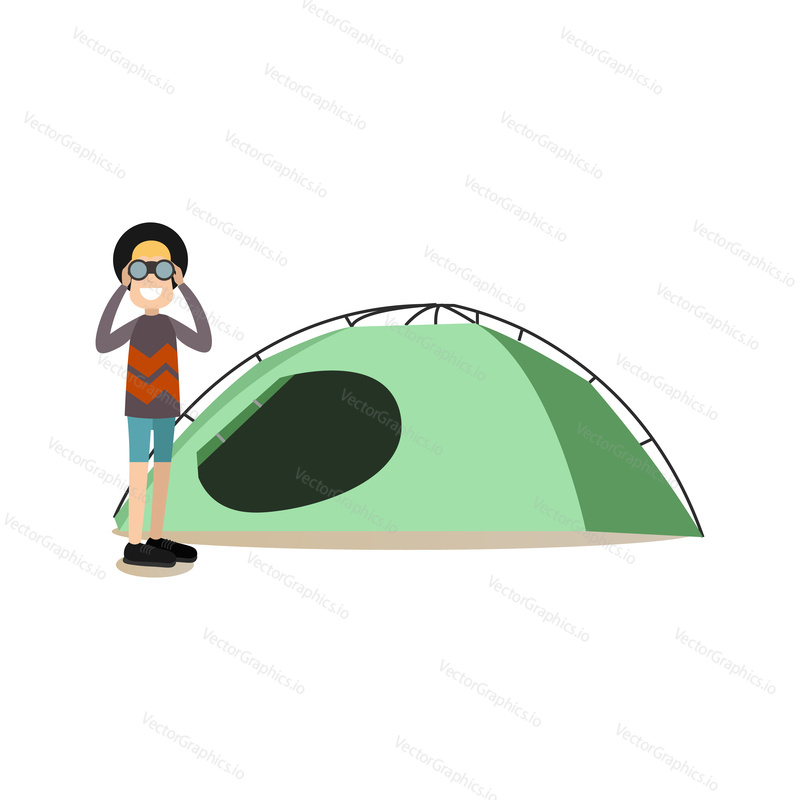 Vector illustration of traveler male standing next to tent and watching through binoculars. Tourist people concept flat style design element, icon isolated on white background.