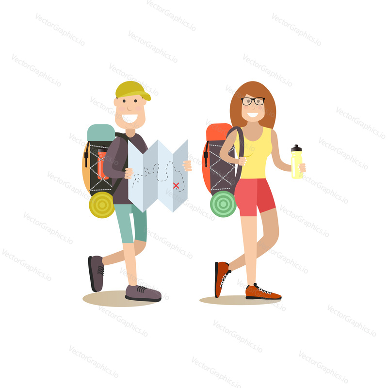Vector illustration of tourist couple going hiking with backpacks and map. Tourist people concept flat style design element, icon isolated on white background.