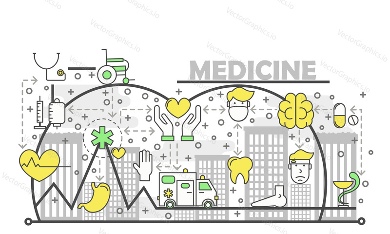 Medicine concept vector illustration. Modern line art flat style design element with health care medical icons, symbols for web banner and printed materials.