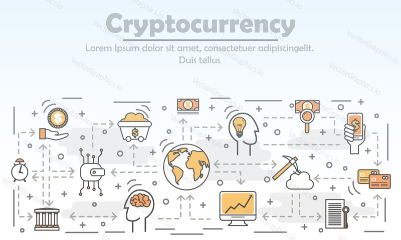 Cryptocurrency advertising concept vector illustration. Modern thin line art flat style design element for web banners and printed materials.