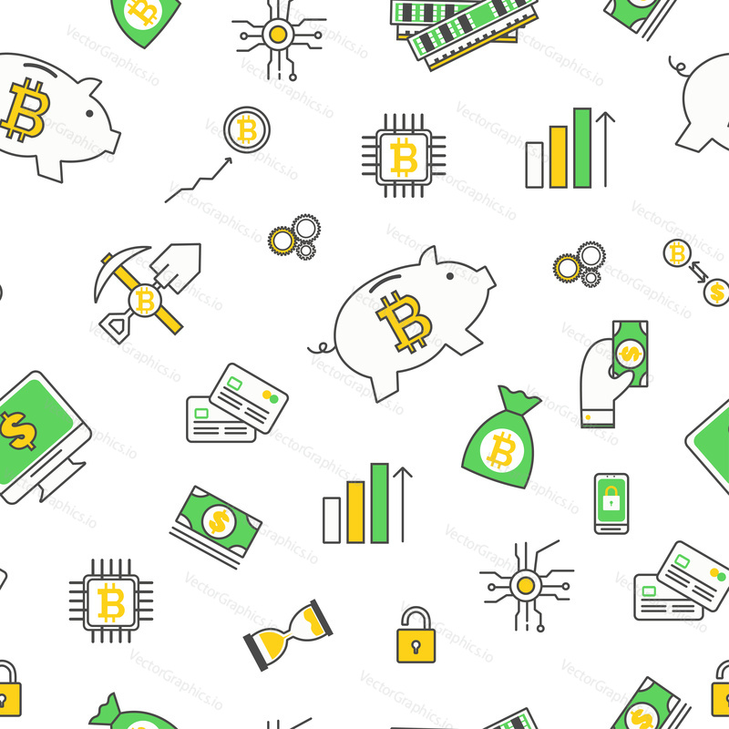 Bitcoin seamless pattern. Vector modern thin line flat design with digital currency or cryptocurrency symbols, icons.