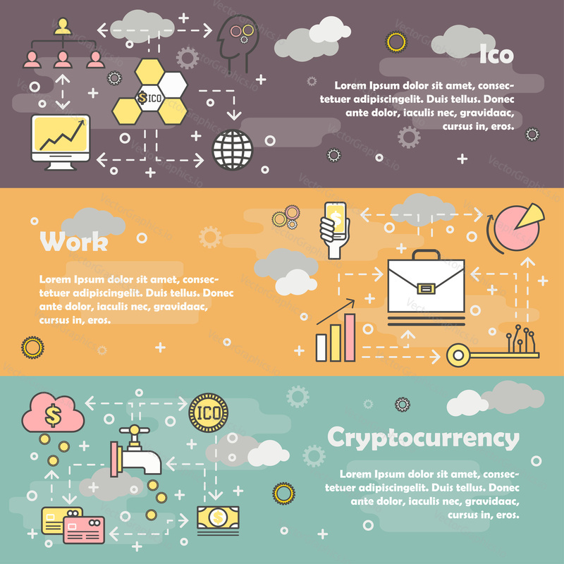 Vector set of horizontal banners with ICO, Work and Cryptocurrency line art flat style design elements, web templates.
