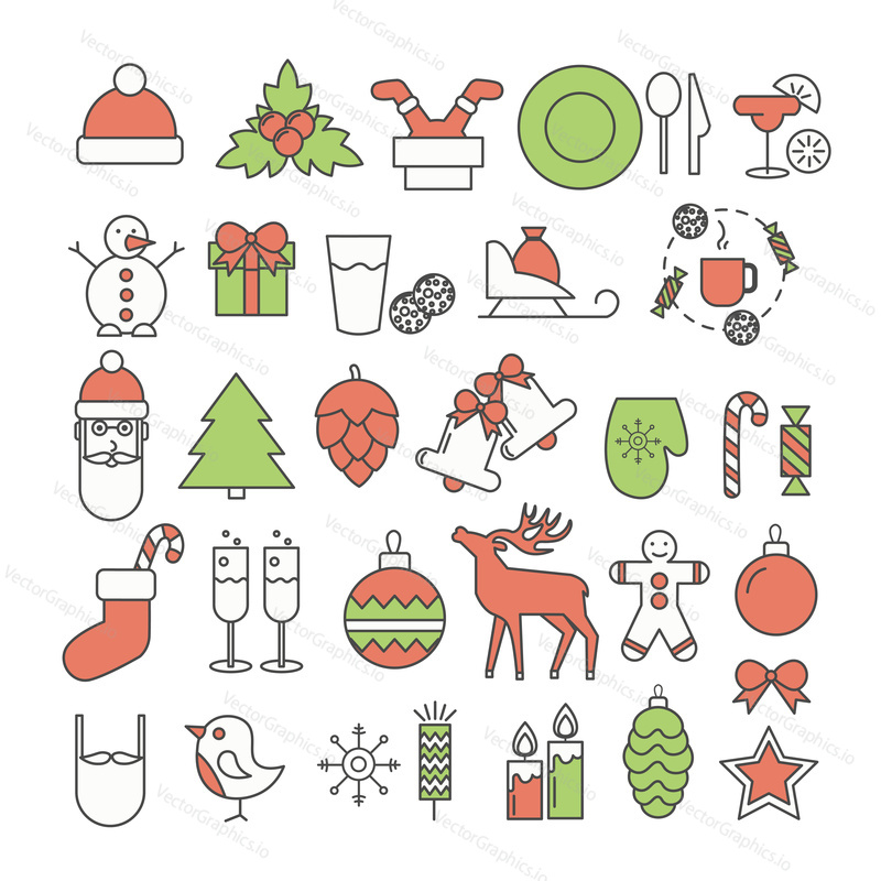 Christmas and New Year icon set. Vector decorative holiday symbols santa clause, reindeer, gift box, snowman, bells, champagne. Thin line flat style design illustration isolated on white background.