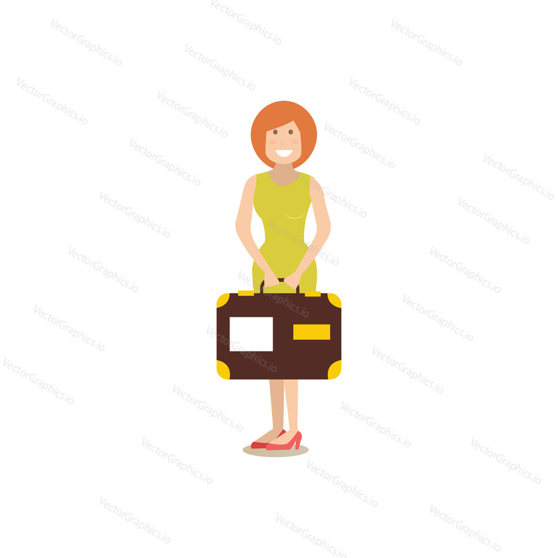 Vector illustration of traveler female with suitcase. Tourist people concept flat style design element, icon isolated on white background.