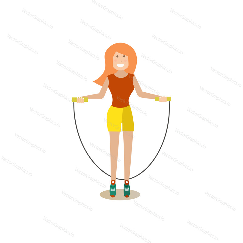 Vector illustration of girl training with jump rope. Training outside people concept flat style design element, icon isolated on white background.