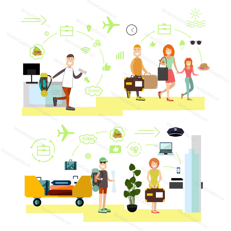 Vector illustration of travelers at airport terminal. Tourist people symbols, icons isolated on white background. Flat style design.