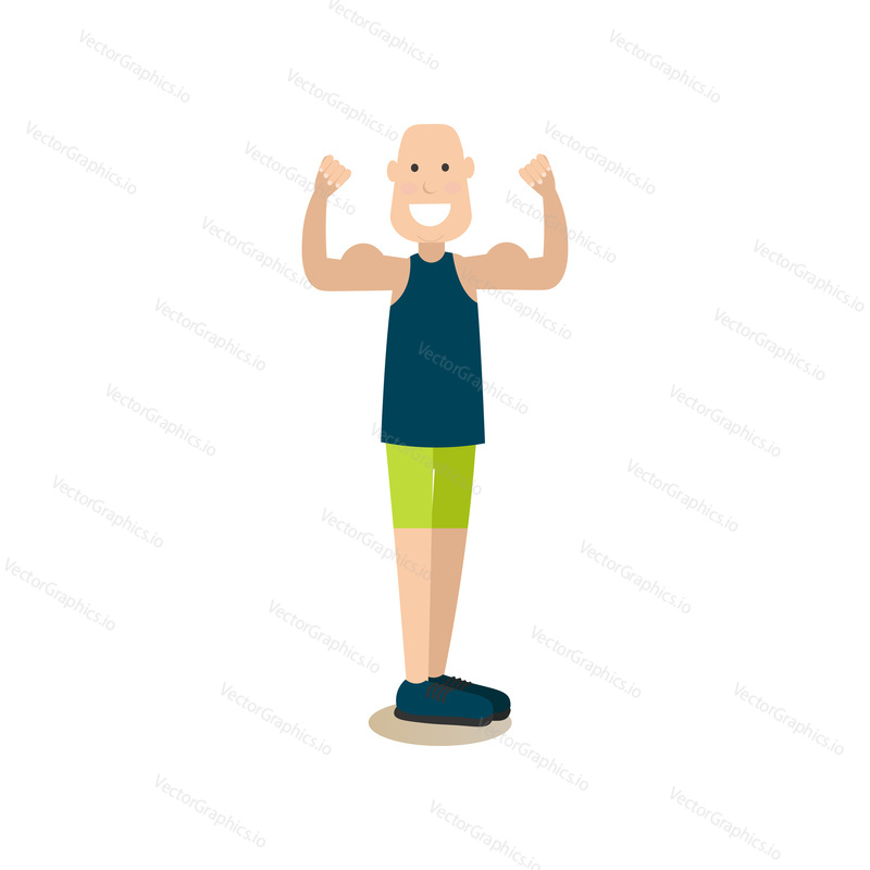 Vector illustration of strong muscular man, bodybuilder, fitness model showing arm muscles. Training outside people concept flat style design element, icon isolated on white background.