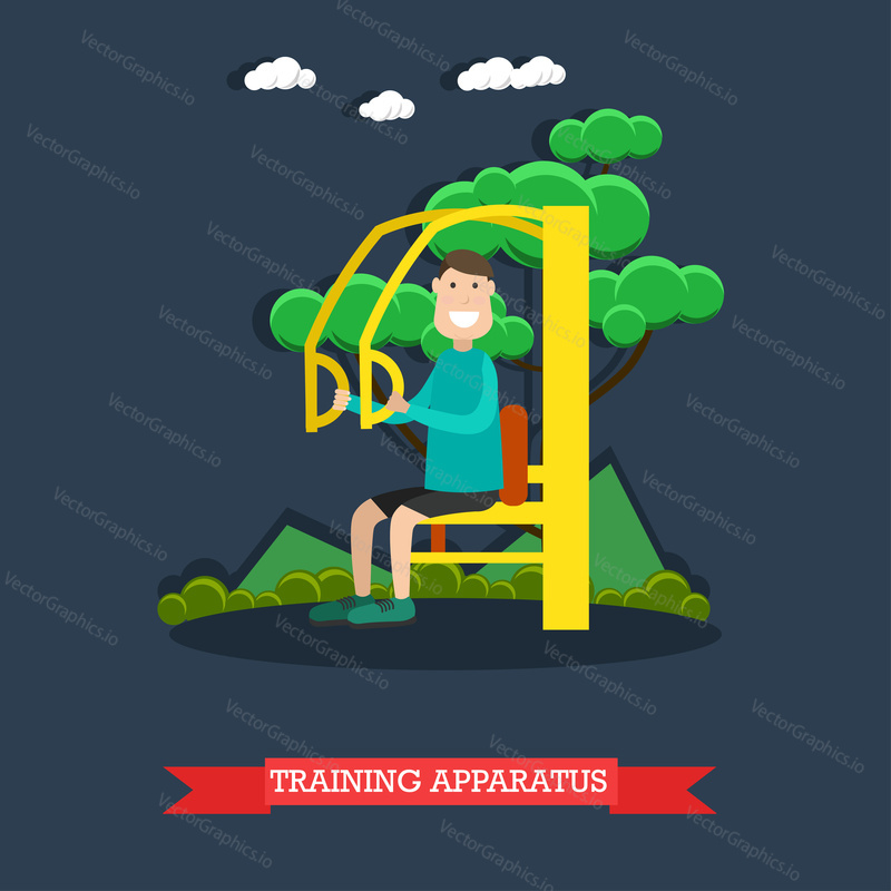 Vector illustration of man exercising on street training apparatus. Outdoors workout flat style design element.