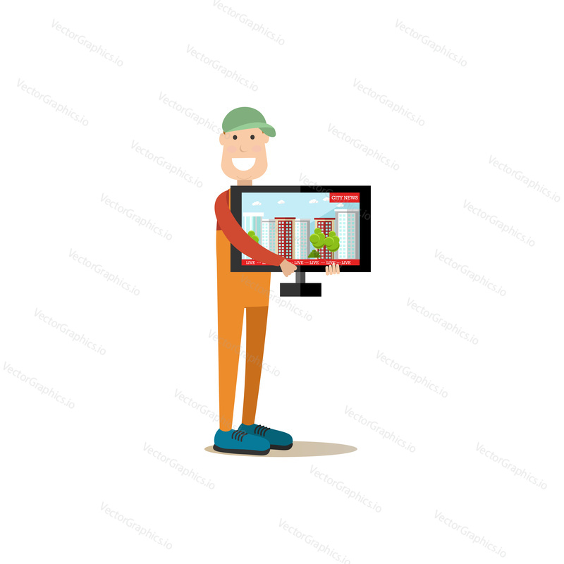 Vector illustration of carrier or delivery man holding tv. Home delivery services concept. Professional worker flat style design element, icon isolated on white background.