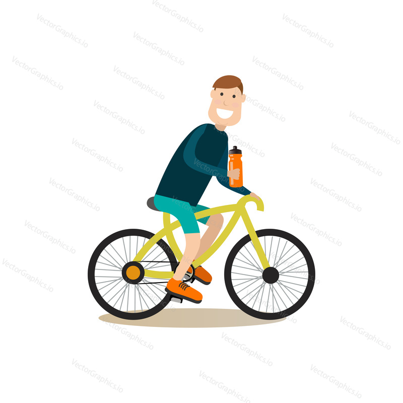 Vector illustration of smiling man with sports water bottle riding bicycle. Sportsman going cycling. Training outside people concept flat style design element, icon isolated on white background.