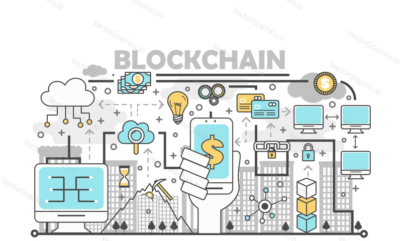 Blockchain technology process concept vector illustration. Thin line flat style design element for web banners and printed materials.
