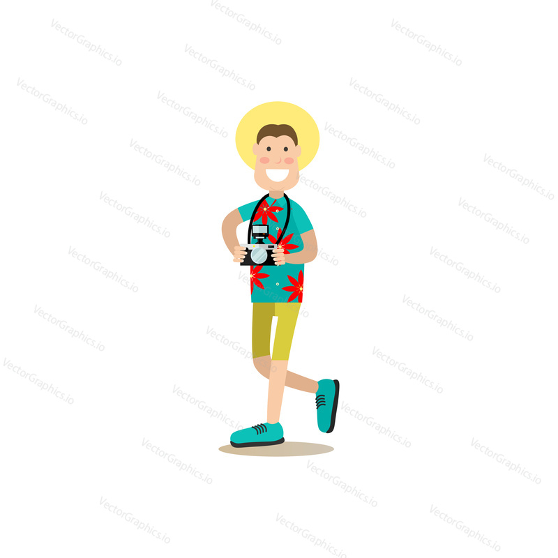 Vector illustration of tourist male traveling with camera. Tourist people concept flat style design element, icon isolated on white background.