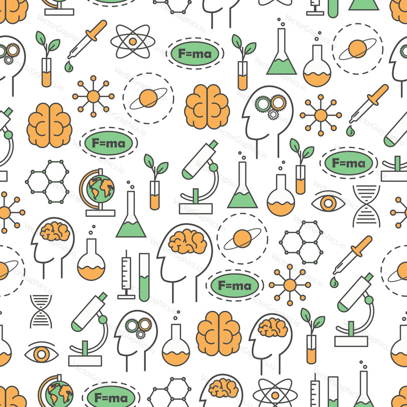 Vector seamless pattern with scientific symbols, icons. Science background, wrapping paper texture thin line art flat style design.