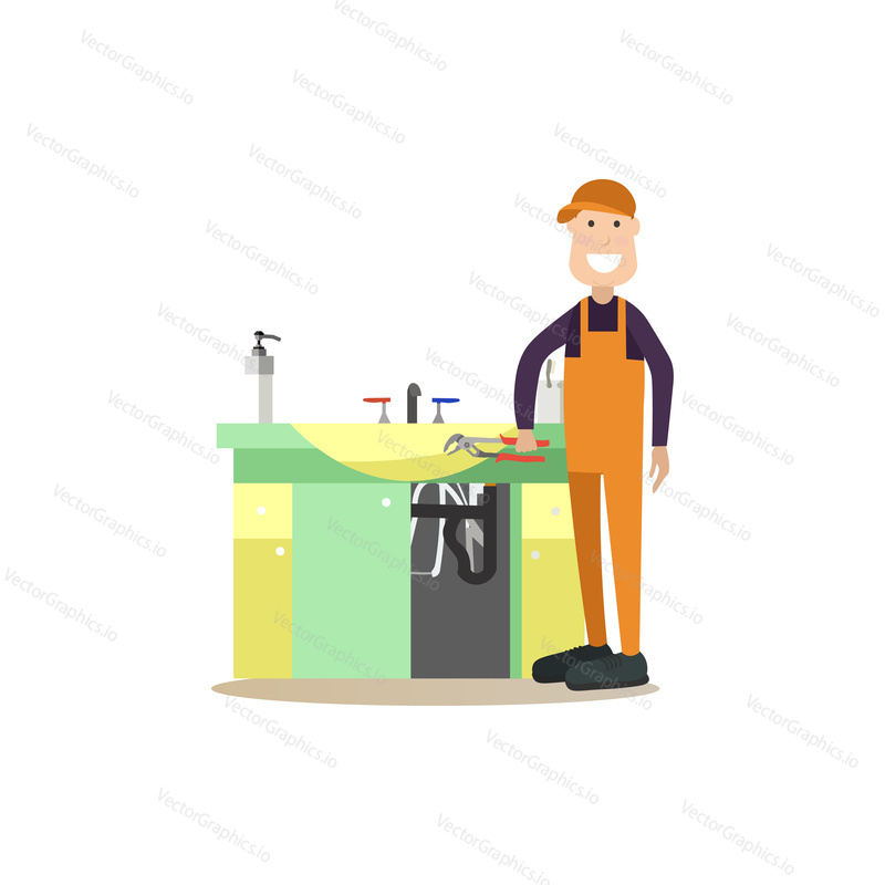 Vector illustration of plumber repairing washbasin in bathroom. Professional worker flat style design element, icon isolated on white background.