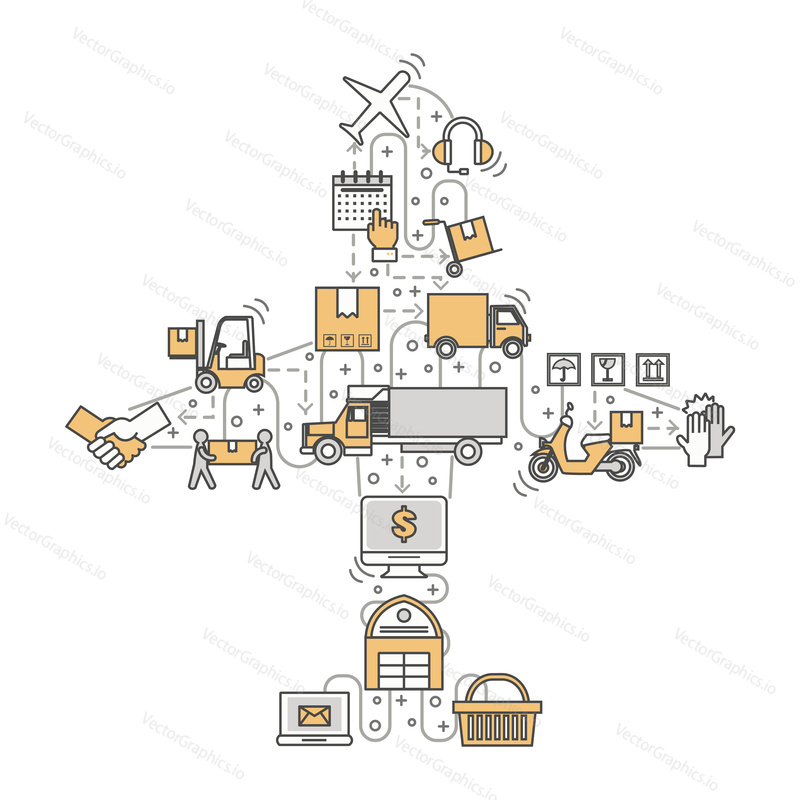 Logistics concept vector illustration in the shape of airplane. Modern line art flat style design element with distribution, delivery symbols for printed materials.
