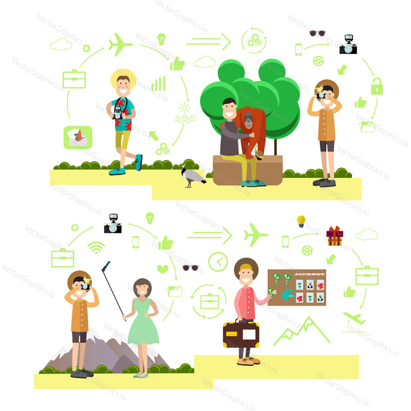 Vector illustration of travelers are photographed with animals at zoo, taking photo of nature, taking selfie. Tourist people symbols, icons isolated on white background. Flat style design.