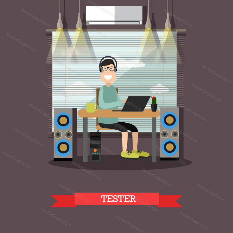Vector illustration of programmer male in headphones working on computer, testing software. Tester, creative team member flat style design element.