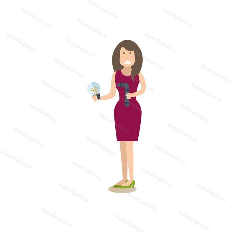 Vector illustration of distressed woman holding broken pipe in one hand and burning out light bulb in another hand. Flat style design element, icon isolated on white background.