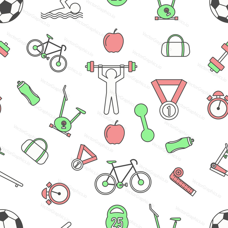 Sport seamless pattern. Vector modern thin line flat design with sports items, exercising equipment.