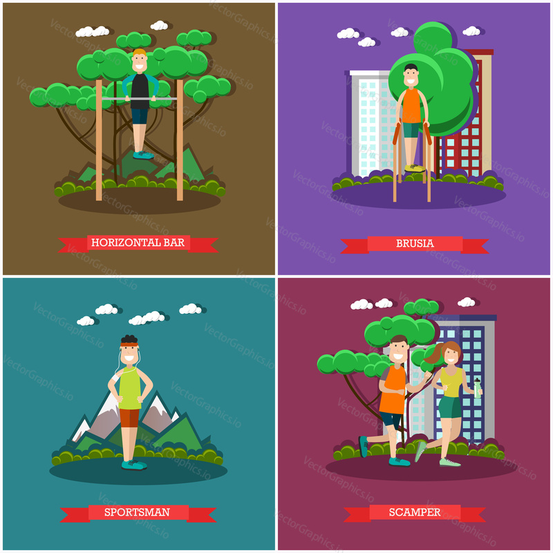 Vector set of training outside posters, banners. Horizontal bar, parallel bars, Sportsman and Scamper flat style design elements.