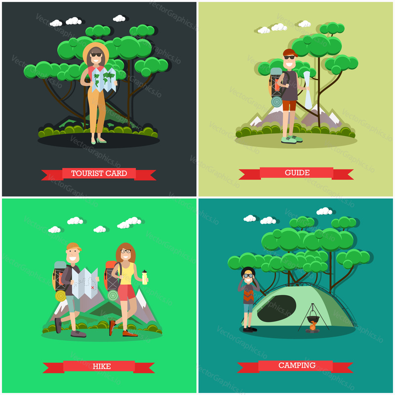 Vector set of tourist posters, banners. Tourist card, Guide, Hike and Camping concept flat style design elements.