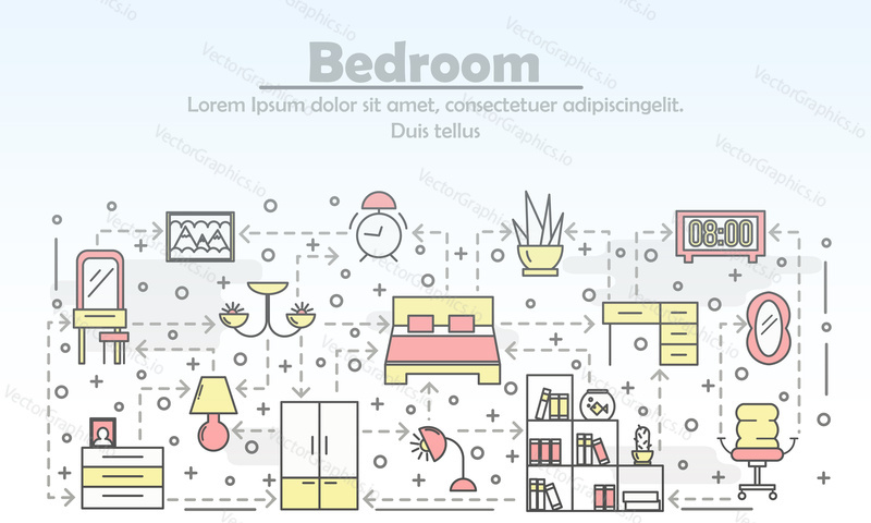 Bedroom advertising poster banner template. Bedroom interior with furniture vector thin line art flat style design elements, icons for web banners and printed materials.